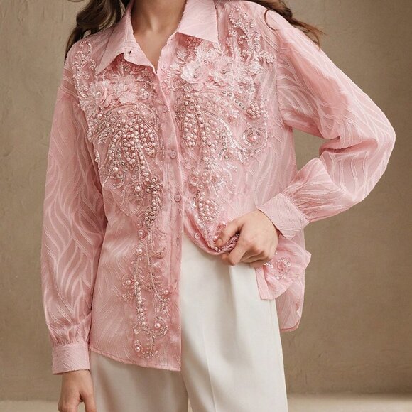 Baby Pink Elegant Women's French Beaded Floral Casual Long Sleeve Sheer Textured - Picture 4 of 8